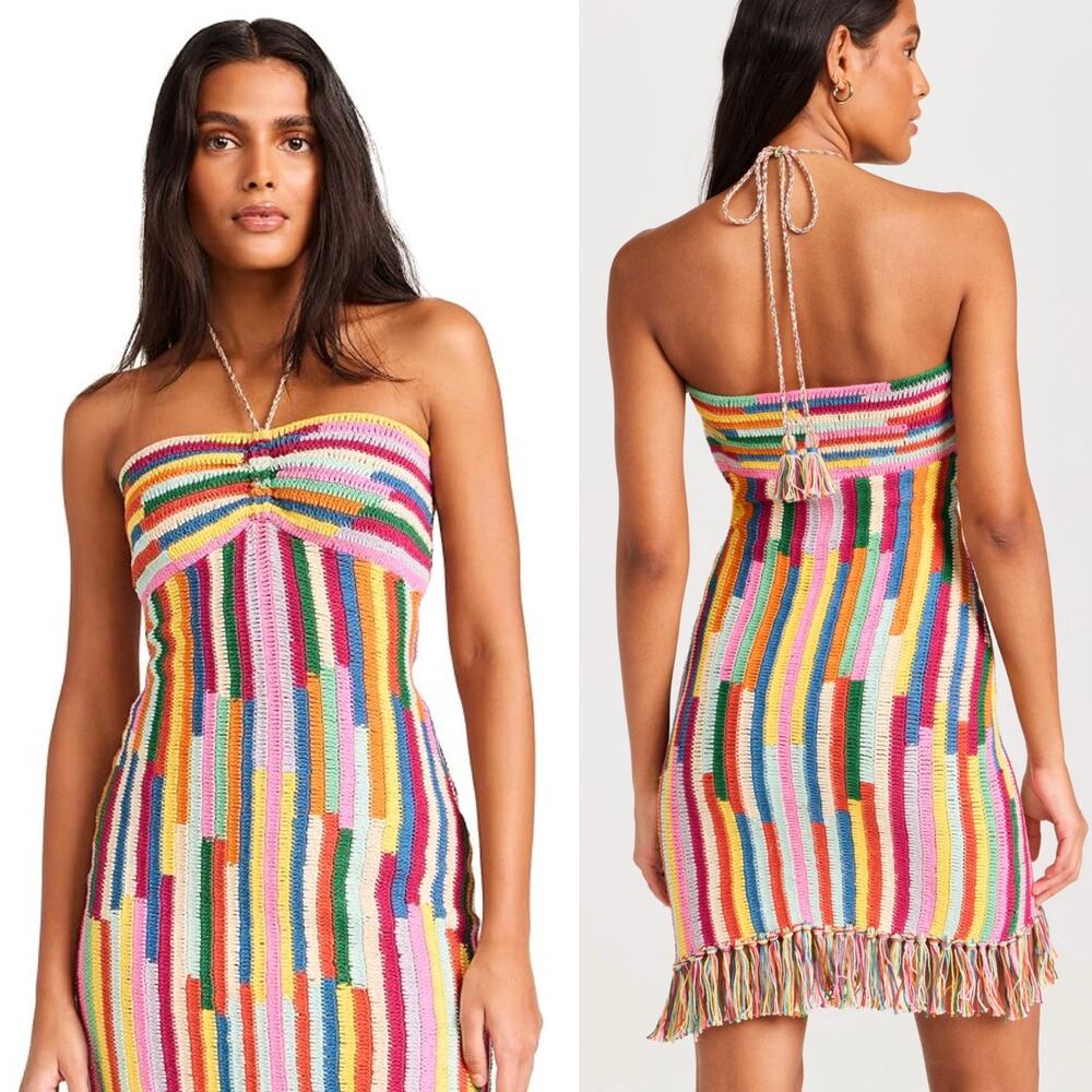 NWT Saylor Tulla Crochet Rainbow Stripe Halter Mini Midi Dress size Medium